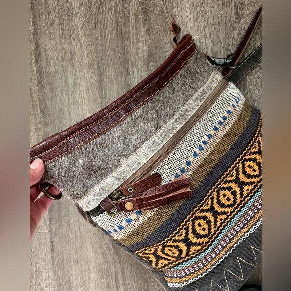 Myra Bag Cowhide Leather Western Hobo Cotton Adjustable Strap Crossbody Bag - Picture 5 of 15